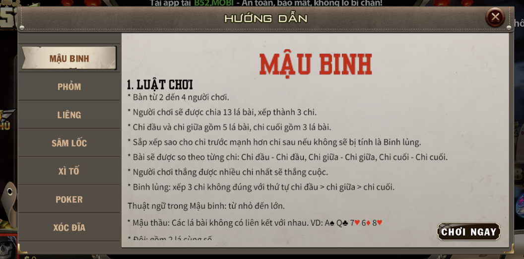 Luật chơi game bài Mậu Binh khi tham gia tại B52