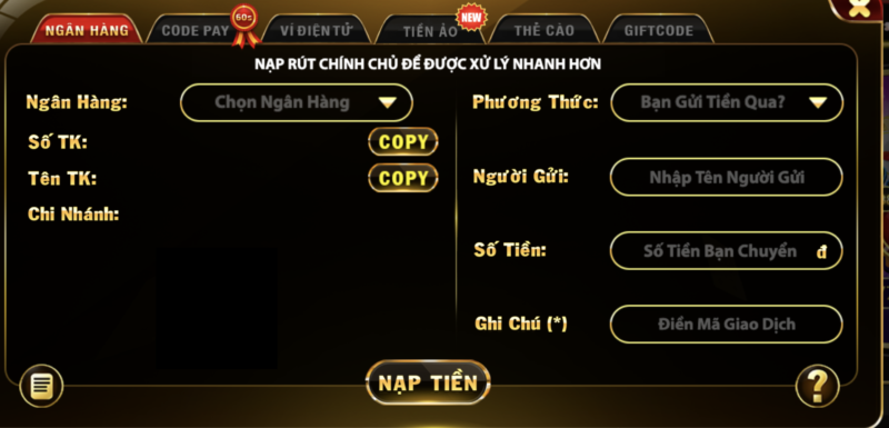 Nạp tiền bằng tài khoản ngân hàng